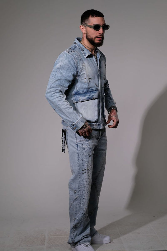 VICIOUS MEN'S EMBELLISHED RHINESTONE WESTERN FIT DENIM / RELAXED FLARED FIT