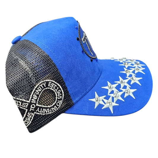HUDSON SUEDE TRUCKER HAT WITH RHINESTONES ROYAL/BLACK