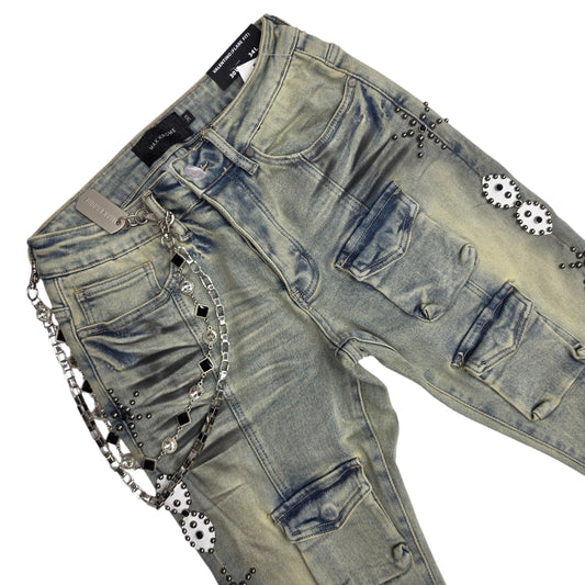 MAX KROME MEN'S FLARE FIT BOTANIC EMBROIDERY RHINESTONE KR-3046 SAND BLUE