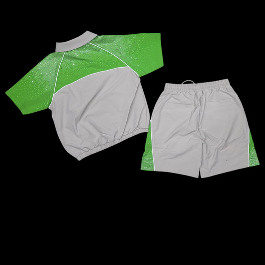 KINDRED MEN'S RHINESTONE NYLON SHORT SET STONE KHAKI/GREEN 2236S