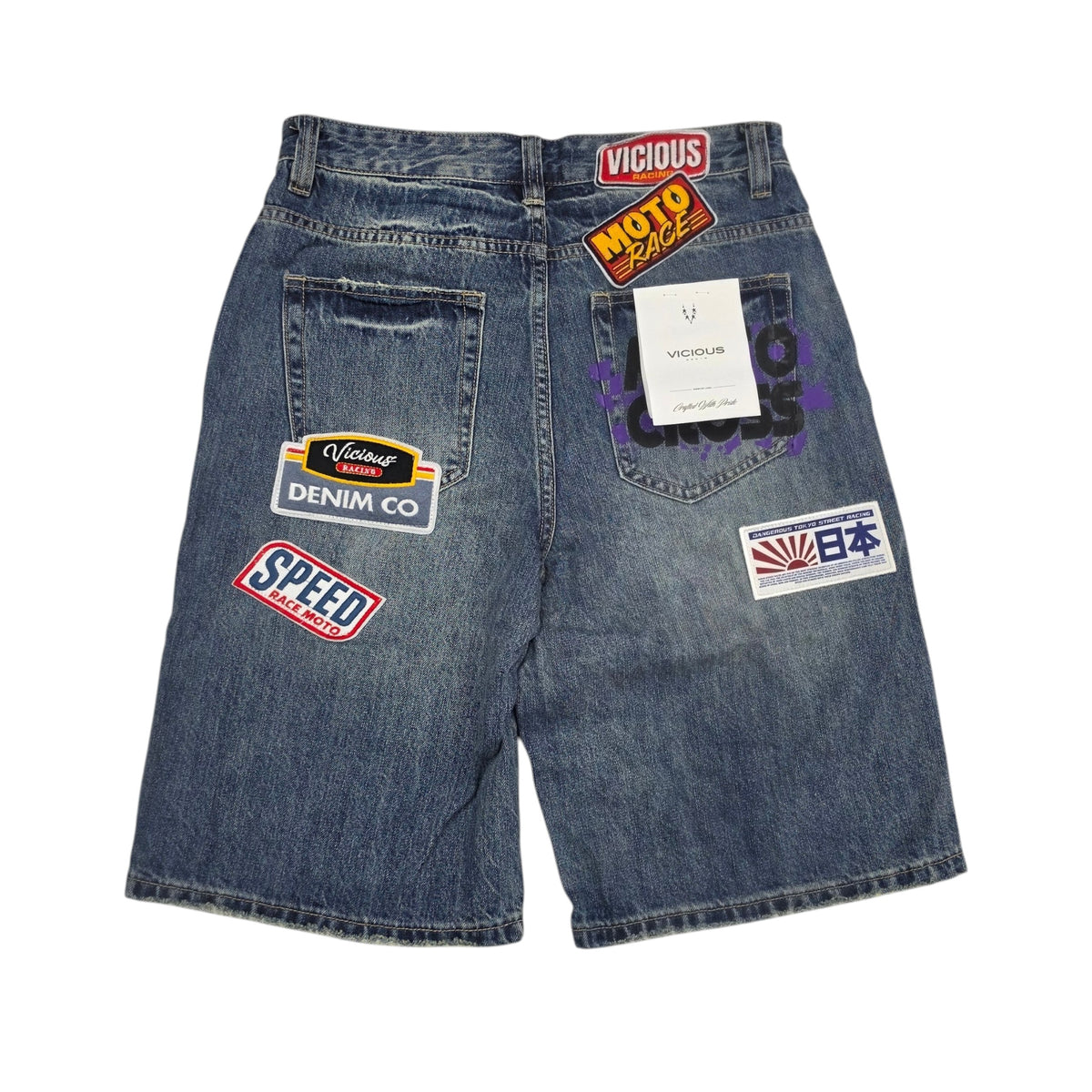 VICIOUS MEN'S OVERSIZED MOTORSPORT PATCH DENIM SHORTS VC1202 DARK INDIGO