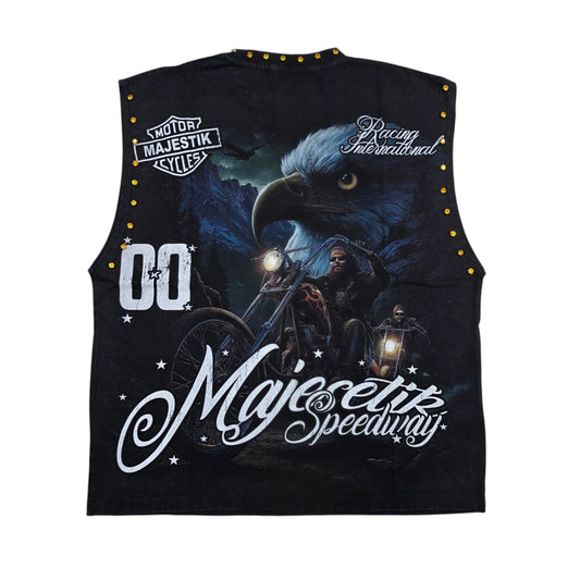 MAJESTIK MEN'S RHINESTONE BIKER EAGLE OVERSIZED SLEEVELESS T-SHIRT