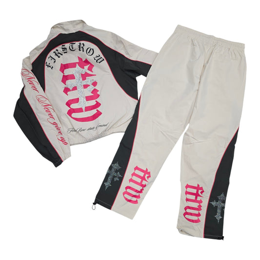 FIRST ROW NEVER GIVE UP MEN’S NYLON TRACK SET CREAM