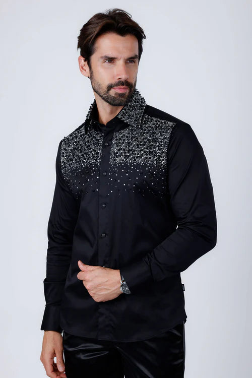 GEM & PEARLS RHINESTONES LONG SLEEVE SHIRT BLK/SILVER 4BR413