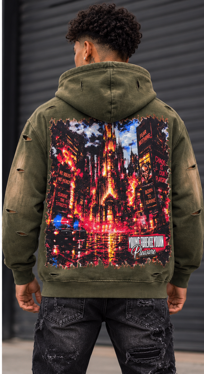 BLACK LIGHT MEN’S URBAN CHAOS 550 GSM FRENCH TERRY ZIP-UP HOODIE OLIVE 26926