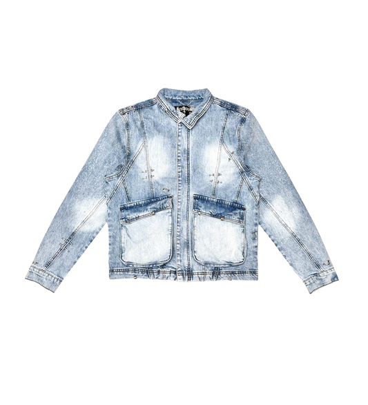VICIOUS MEN'S EMBELLISHED RHINESTONE DENIM JACKET W/ OVERSIZED CARGO POCKETS