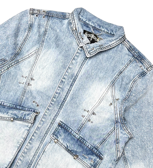 VICIOUS MEN'S EMBELLISHED RHINESTONE DENIM JACKET W/ OVERSIZED CARGO POCKETS