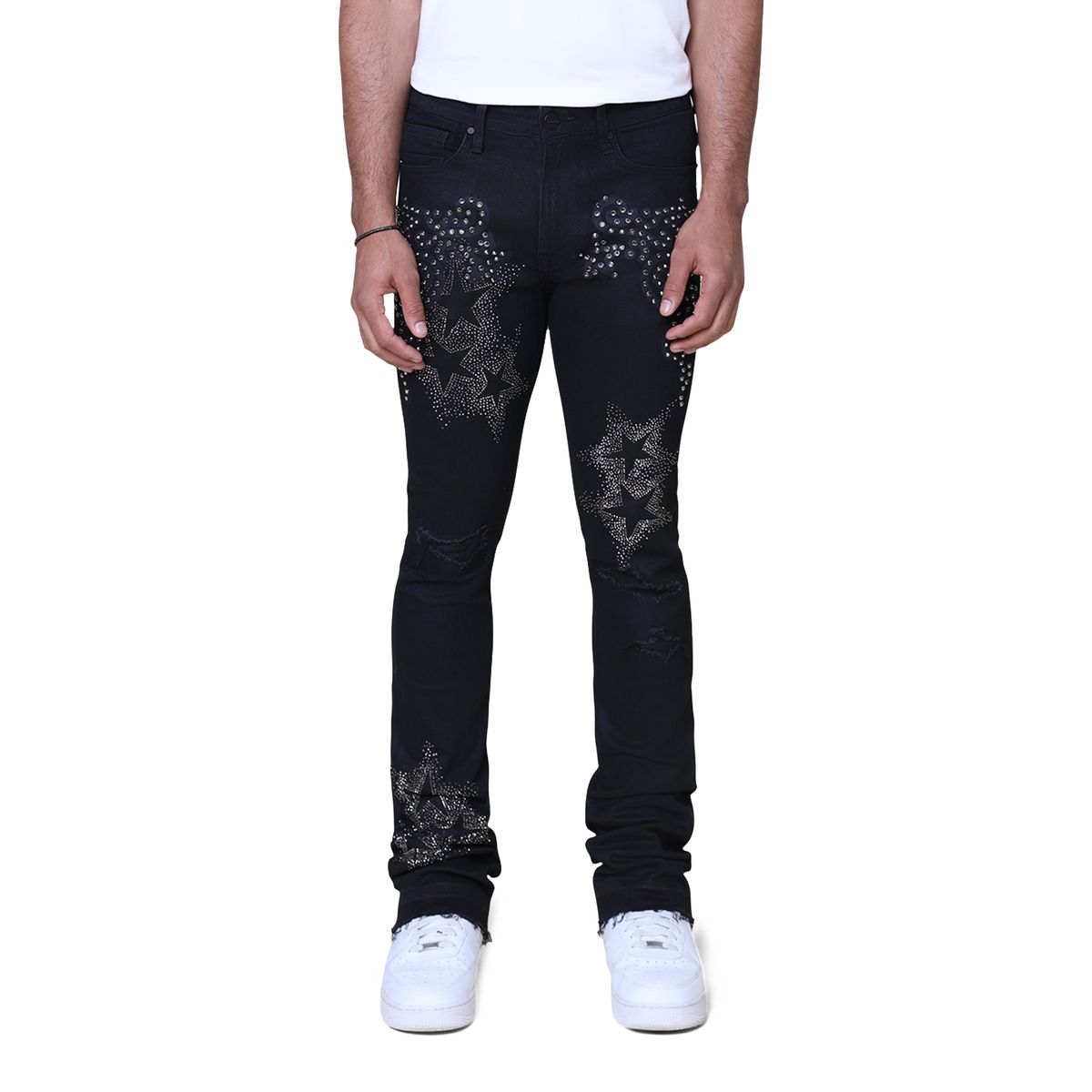 SMOKE RISE STAR RHINESTONE STACKED JEANS BLACK 25630