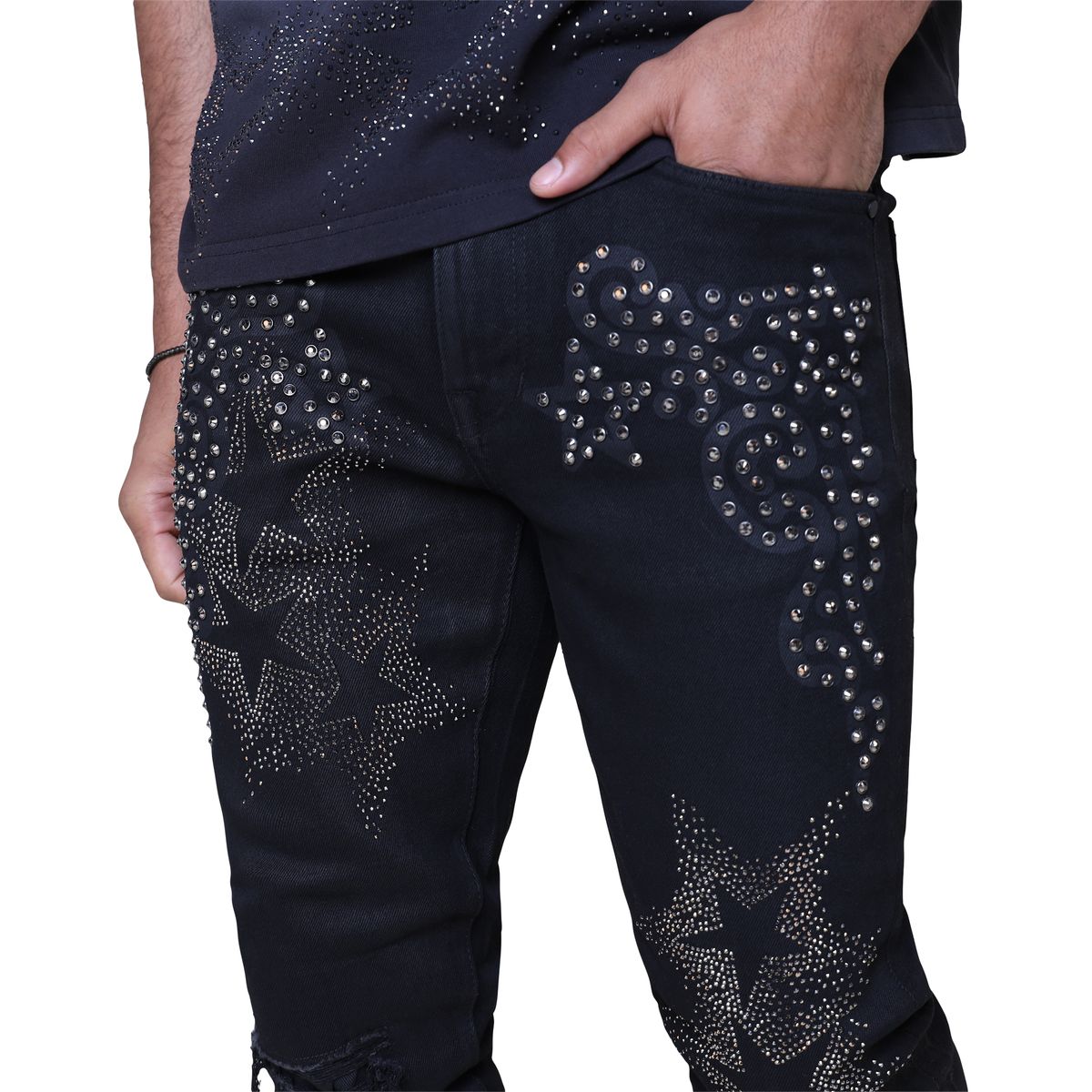 SMOKE RISE STAR RHINESTONE STACKED JEANS BLACK 25630