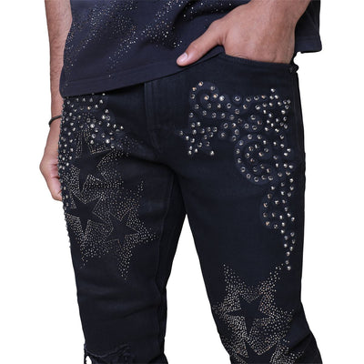 SMOKE RISE STAR RHINESTONE STACKED JEANS BLACK 25630