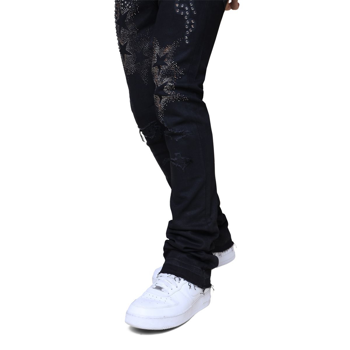 SMOKE RISE STAR RHINESTONE STACKED JEANS BLACK 25630