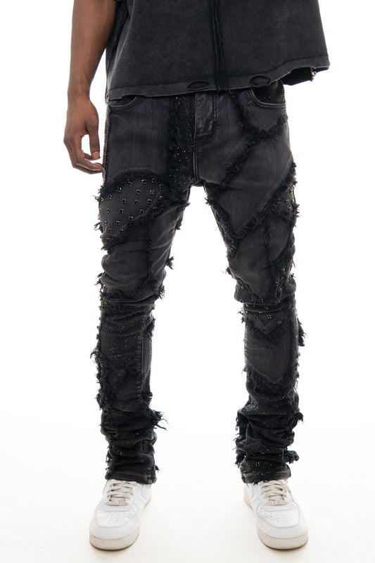 VICIOUS MEN'S BOXY RIP & REPAIR FLARE DENIM W/ FRAY DETAILS BLACK