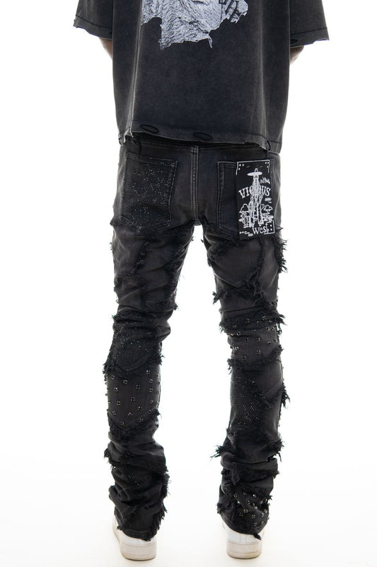 VICIOUS MEN'S BOXY RIP & REPAIR FLARE DENIM W/ FRAY DETAILS BLACK