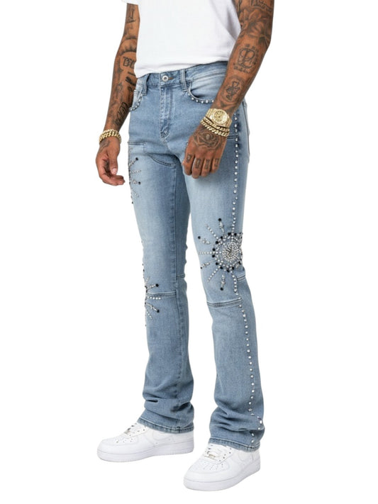 VICIOUS MEN'S EMBELLISHED RHINESTONE FLARE DENIM VC1015