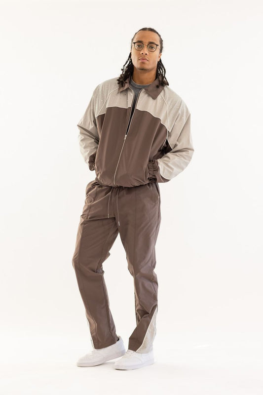 KINDRED RHINESTONE NYLON ZIP-UP SET BROWN/KHAKI KD2236