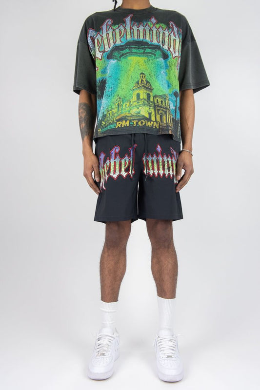 REBEL MINDS RM TOWN R. STONE NYLON SHORT SET (OVERSIZE TSHIRT) BLACK