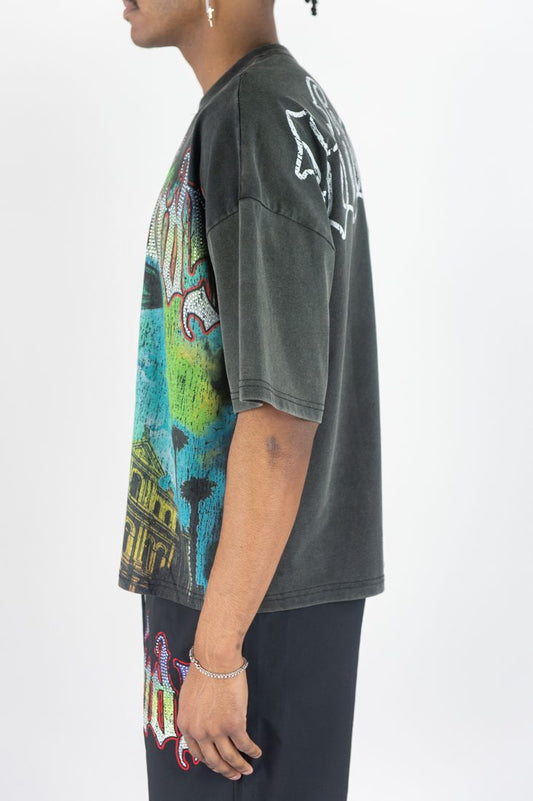 REBEL MINDS RM TOWN R. STONE NYLON SHORT SET (OVERSIZE TSHIRT) BLACK