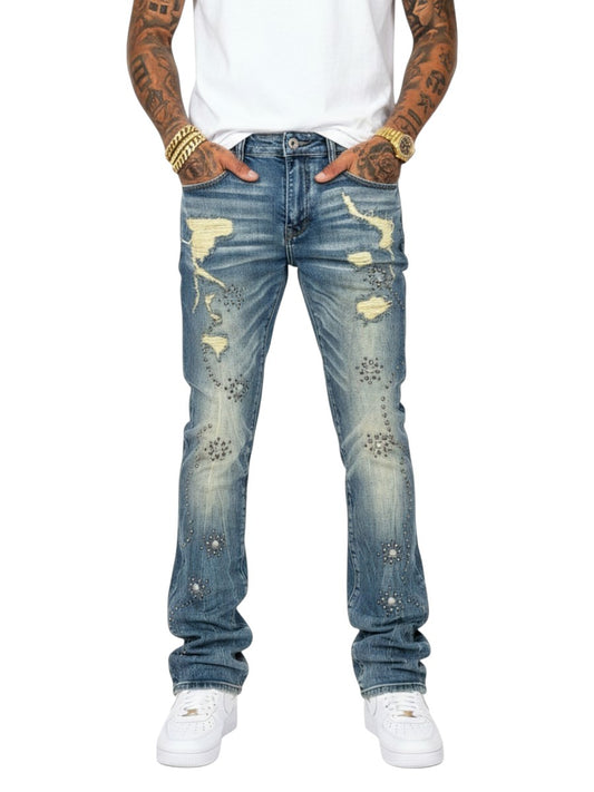 VICIOUS MEN'S EMBELLISHED FLARE DENIM LIGHT STUDS VC1045