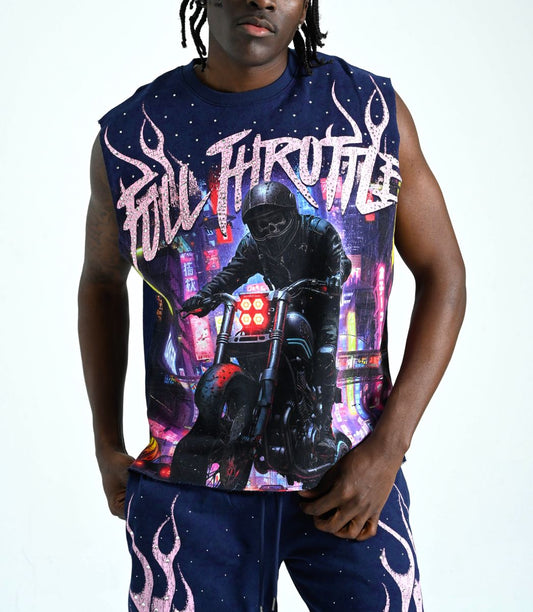 TAKER MEN'S "FULL THROTTLE" RAW EDGE SLEEVELESS T-SHIRT NAVY