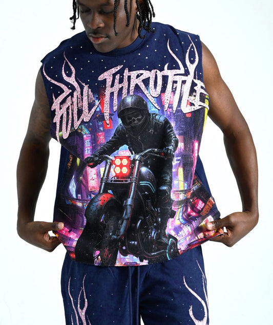 TAKER MEN'S "FULL THROTTLE" RAW EDGE SLEEVELESS T-SHIRT NAVY