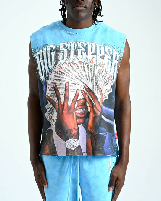 TAKER MEN'S BIG STEPPER RAW EDGE SLEEVELESS T-SHIRT CAROLINA BLUE
