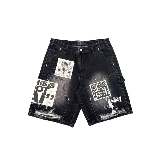 MIXED EMOTIONS MEN'S BLACK 'AI' DENIM CARPENTER SHORTS