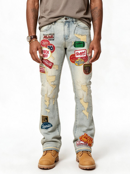 VICIOUS MEN’S PATCHWORK STACKED JEANS VC1022 LIGHT VINTAGE