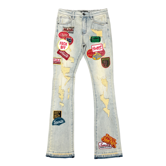 VICIOUS MEN’S PATCHWORK STACKED JEANS VC1022 LIGHT VINTAGE