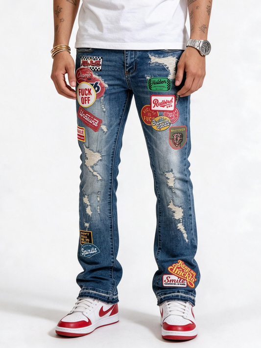 VICIOUS MEN’S PATCHWORK STACKED JEANS VC1022 INDIGO