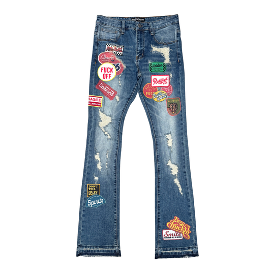 VICIOUS MEN’S PATCHWORK STACKED JEANS VC1022 INDIGO