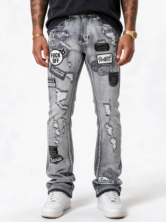 VICIOUS MEN’S PATCHWORK STACKED JEANS VC1022 GREY
