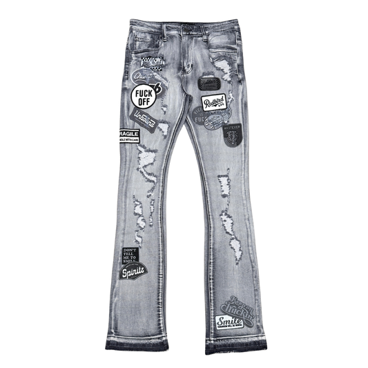VICIOUS MEN’S PATCHWORK STACKED JEANS VC1022 GREY