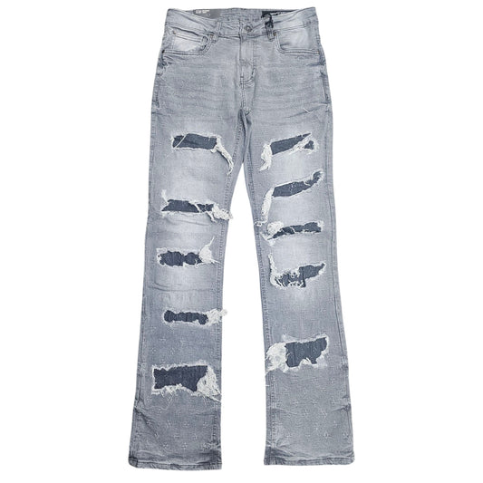 M SOCIETY MENS FLARE STACKED FIT DENIM PANTS GREY MS80364