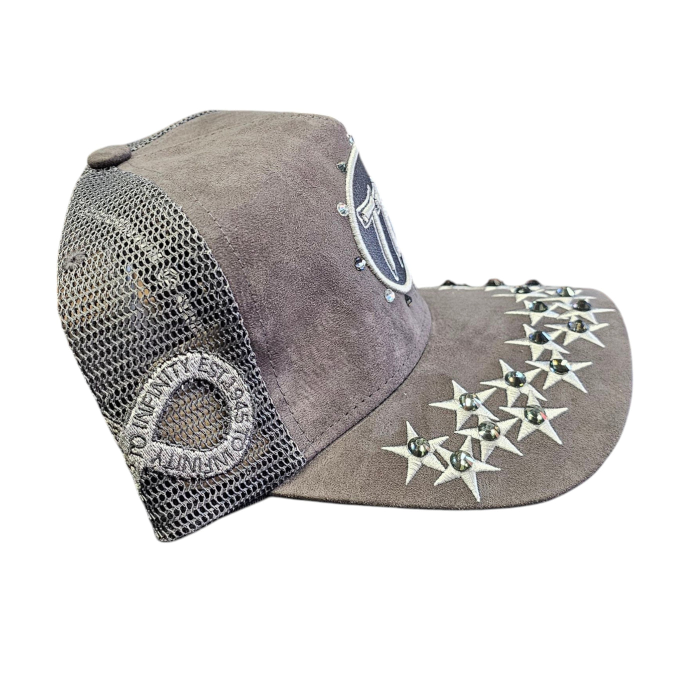 HUDSON SUEDE TRUCKER HAT WITH RHINESTONES GRAY