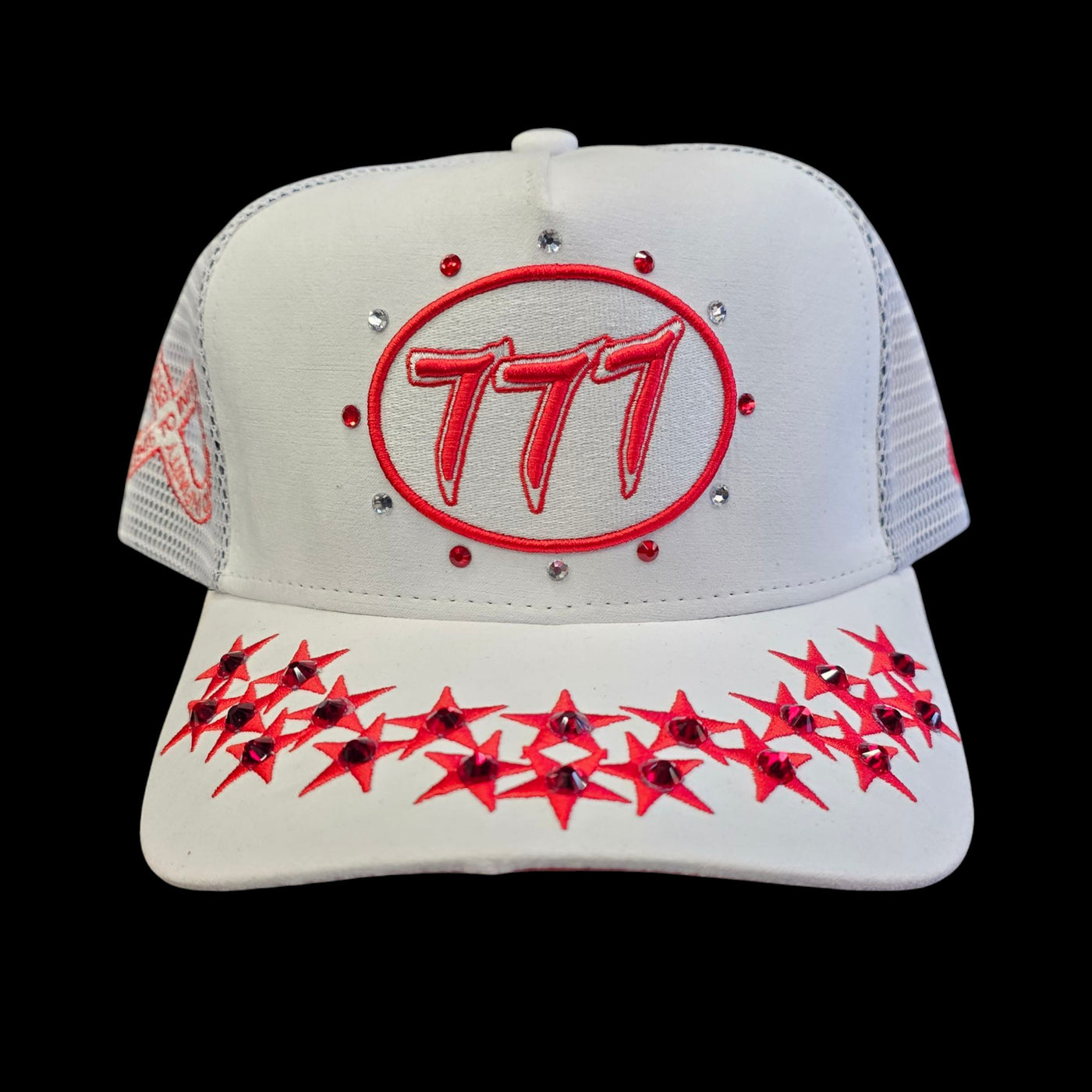 HUDSON SUEDE TRUCKER HAT WITH RHINESTONES WHITE & RED