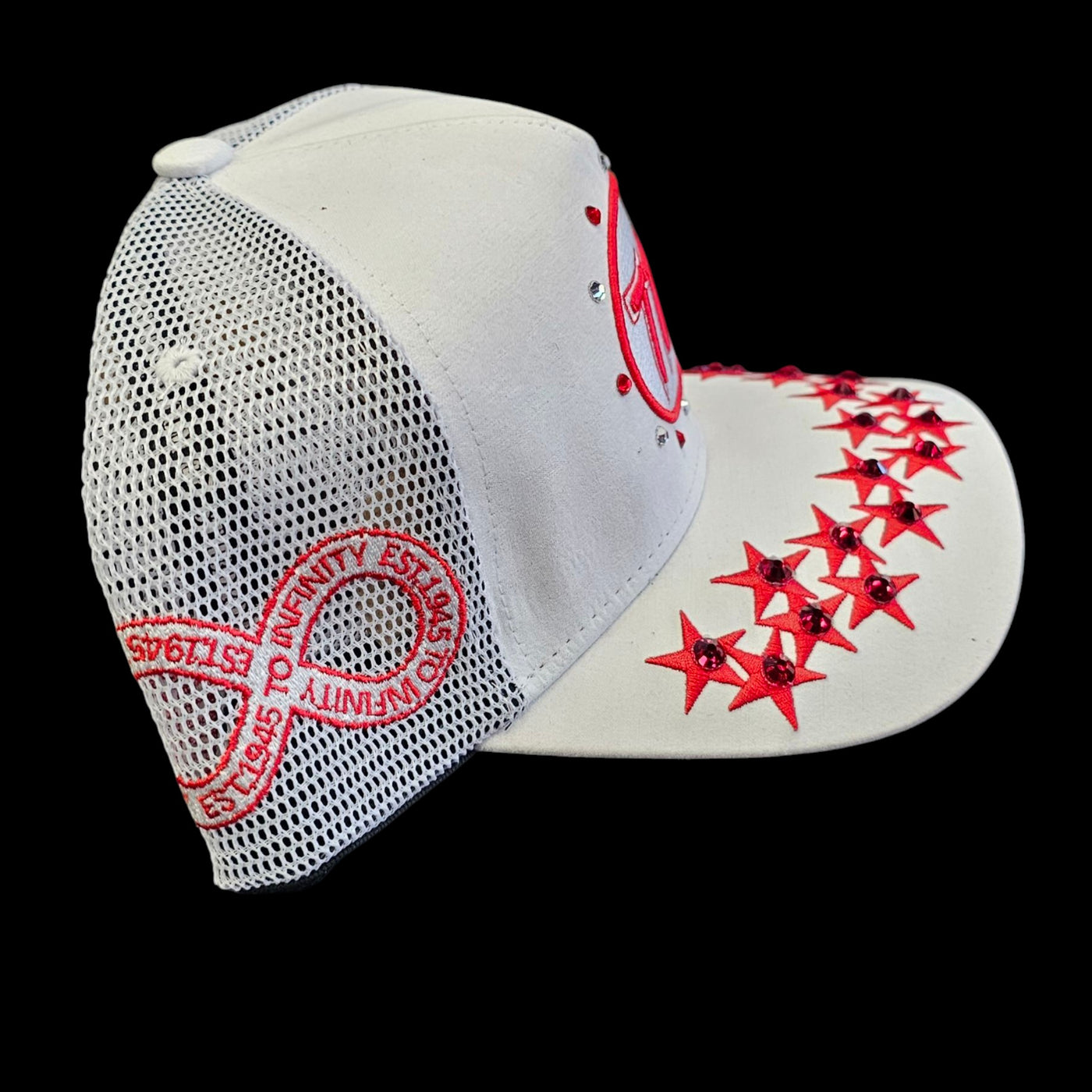 HUDSON SUEDE TRUCKER HAT WITH RHINESTONES WHITE & RED