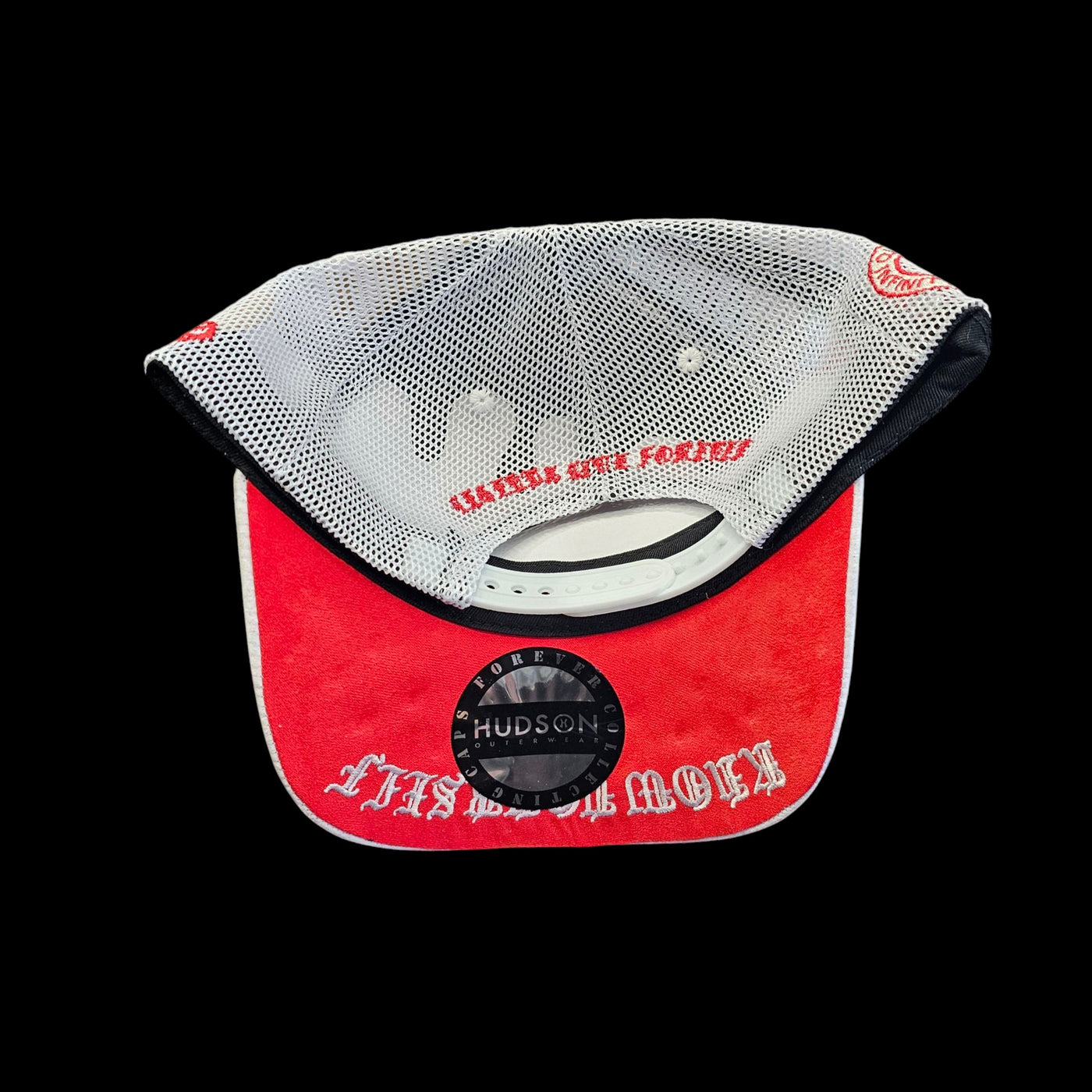 HUDSON SUEDE TRUCKER HAT WITH RHINESTONES WHITE & RED