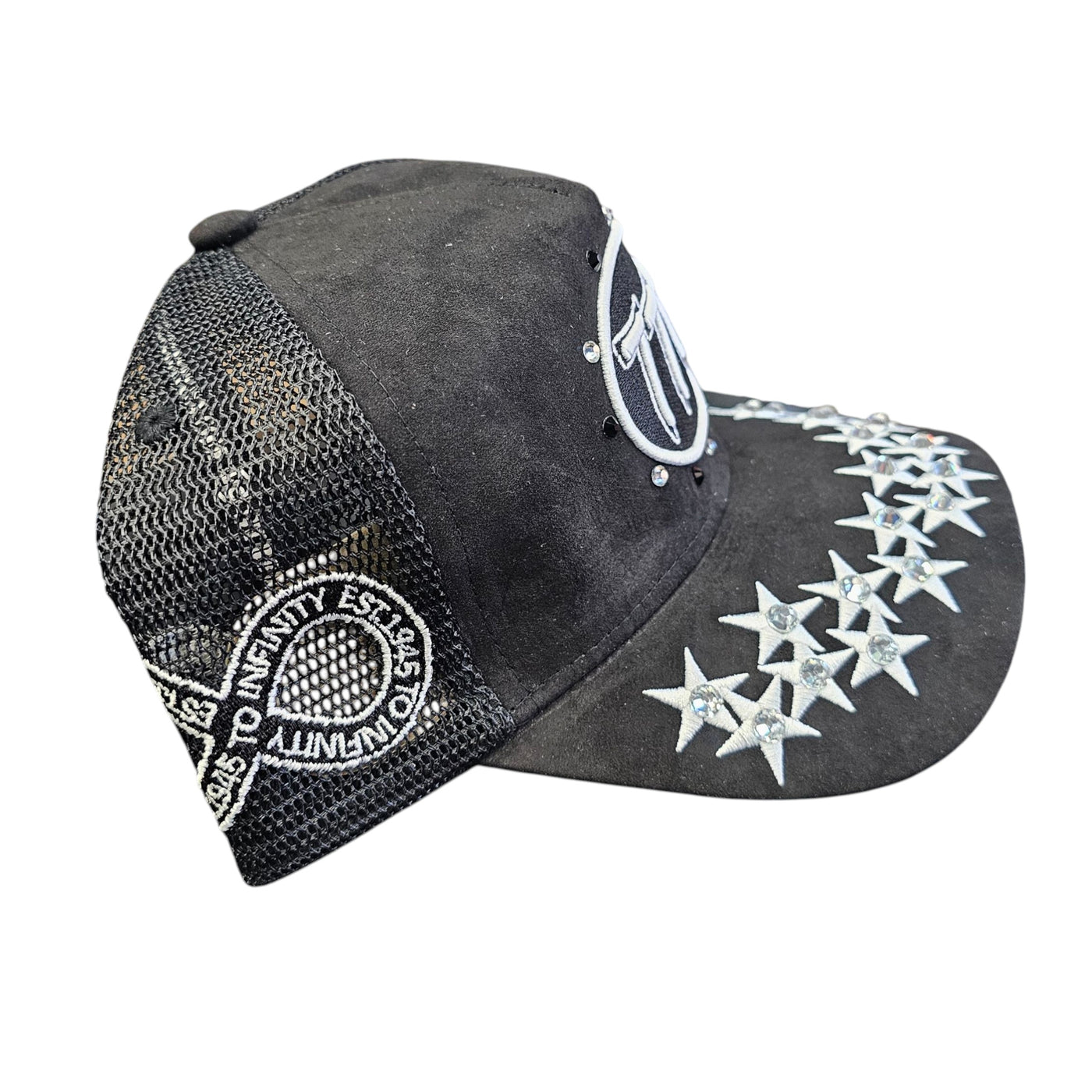 HUDSON SUEDE TRUCKER HAT WITH RHINESTONES BLACK & WHITE