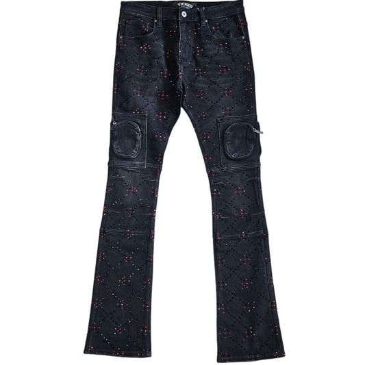 VICIOUS TWO-TONE RHINESTONE CARGO FLARE DENIM VC755R