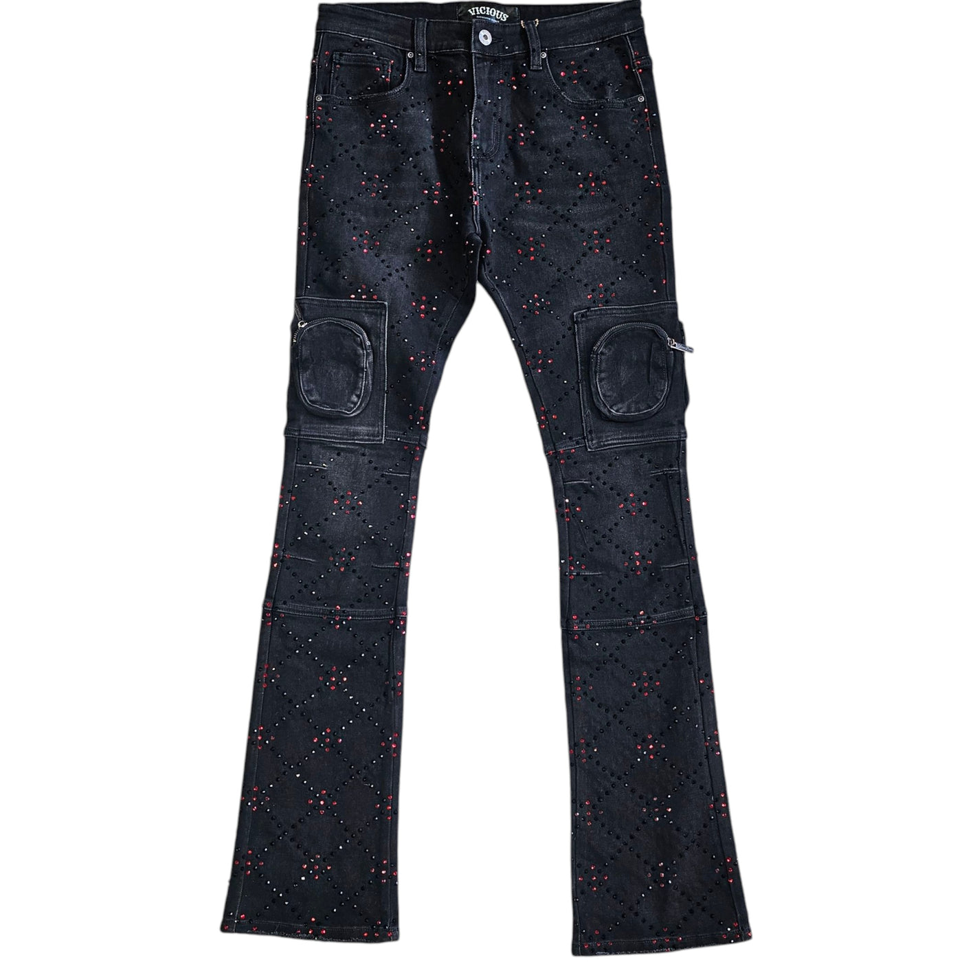 VICIOUS TWO-TONE RHINESTONE CARGO FLARE DENIM VC755R