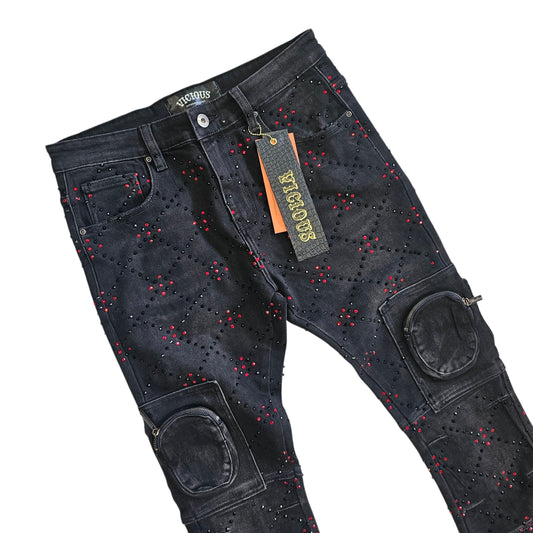 VICIOUS TWO-TONE RHINESTONE CARGO FLARE DENIM VC755R