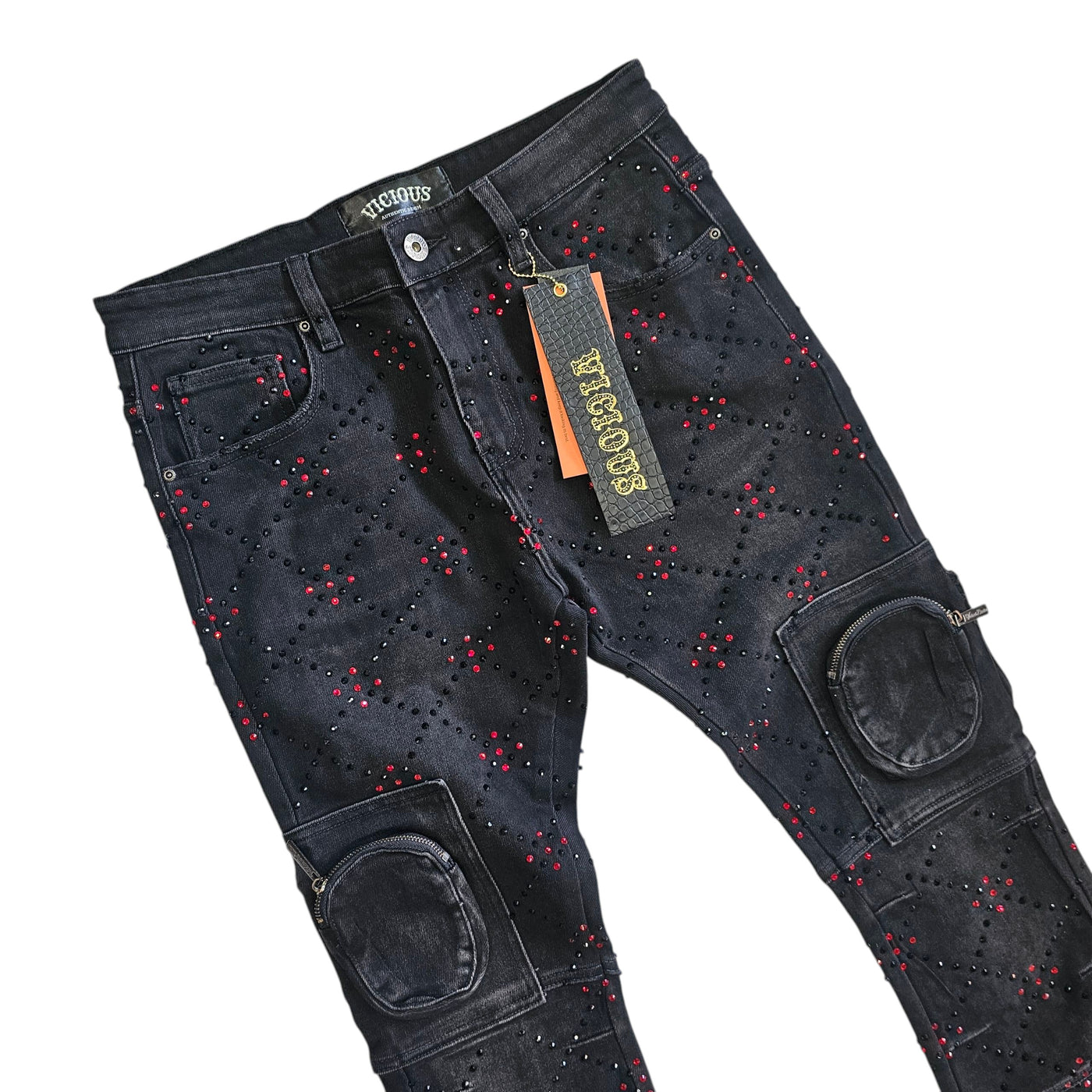 VICIOUS TWO-TONE RHINESTONE CARGO FLARE DENIM VC755R