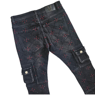 VICIOUS TWO-TONE RHINESTONE CARGO FLARE DENIM VC755R