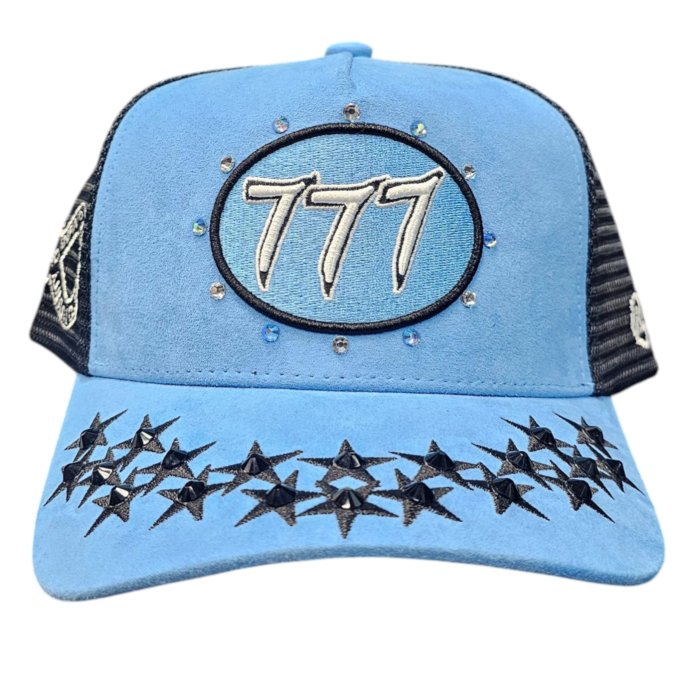 HUDSON SUEDE TRUCKER HAT WITH RHINESTONES UNIVERSITY BLUE