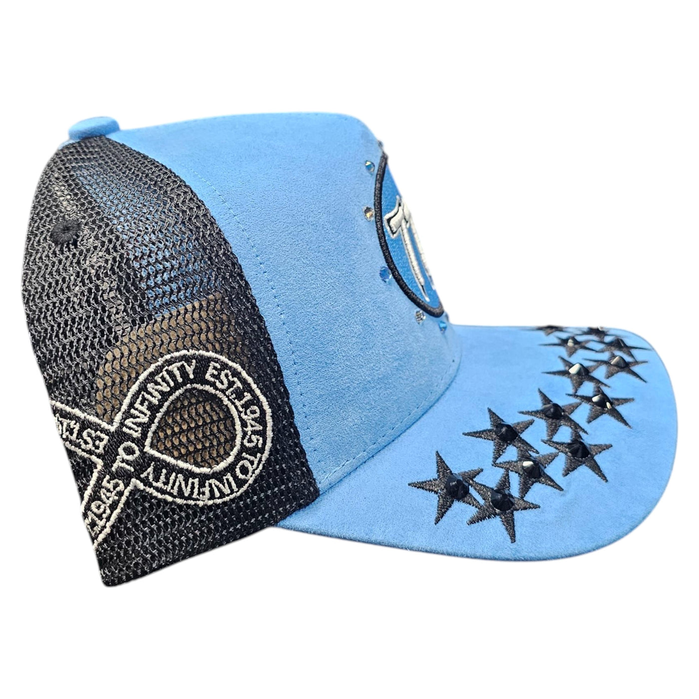 HUDSON SUEDE TRUCKER HAT WITH RHINESTONES UNIVERSITY BLUE