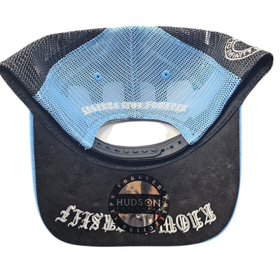 HUDSON SUEDE TRUCKER HAT WITH RHINESTONES UNIVERSITY BLUE