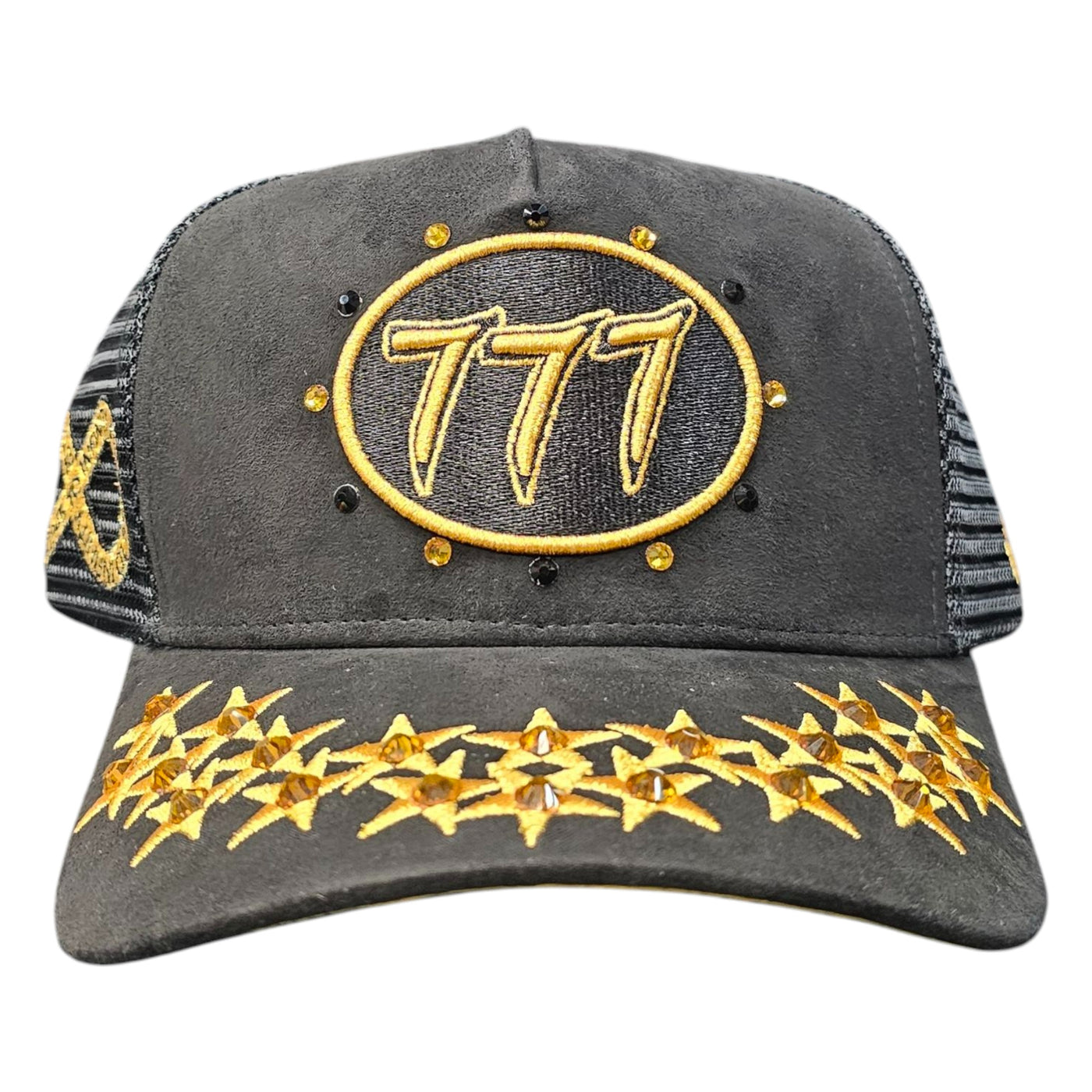 HUDSON SUEDE TRUCKER HAT WITH RHINESTONES BLACK/GOLD