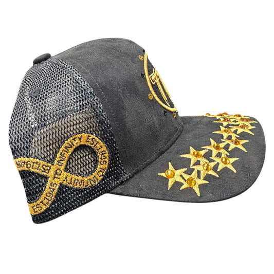 HUDSON SUEDE TRUCKER HAT WITH RHINESTONES BLACK/GOLD