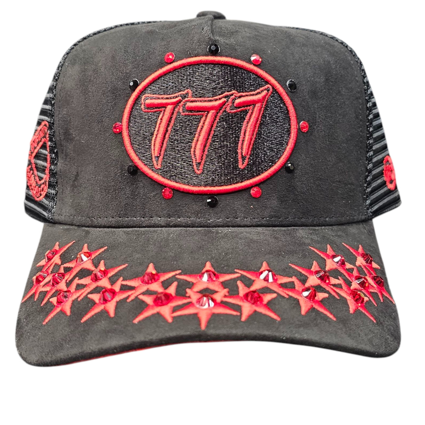 HUDSON SUEDE TRUCKER HAT WITH RHINESTONES BLACK/RED