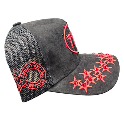 HUDSON SUEDE TRUCKER HAT WITH RHINESTONES BLACK/RED